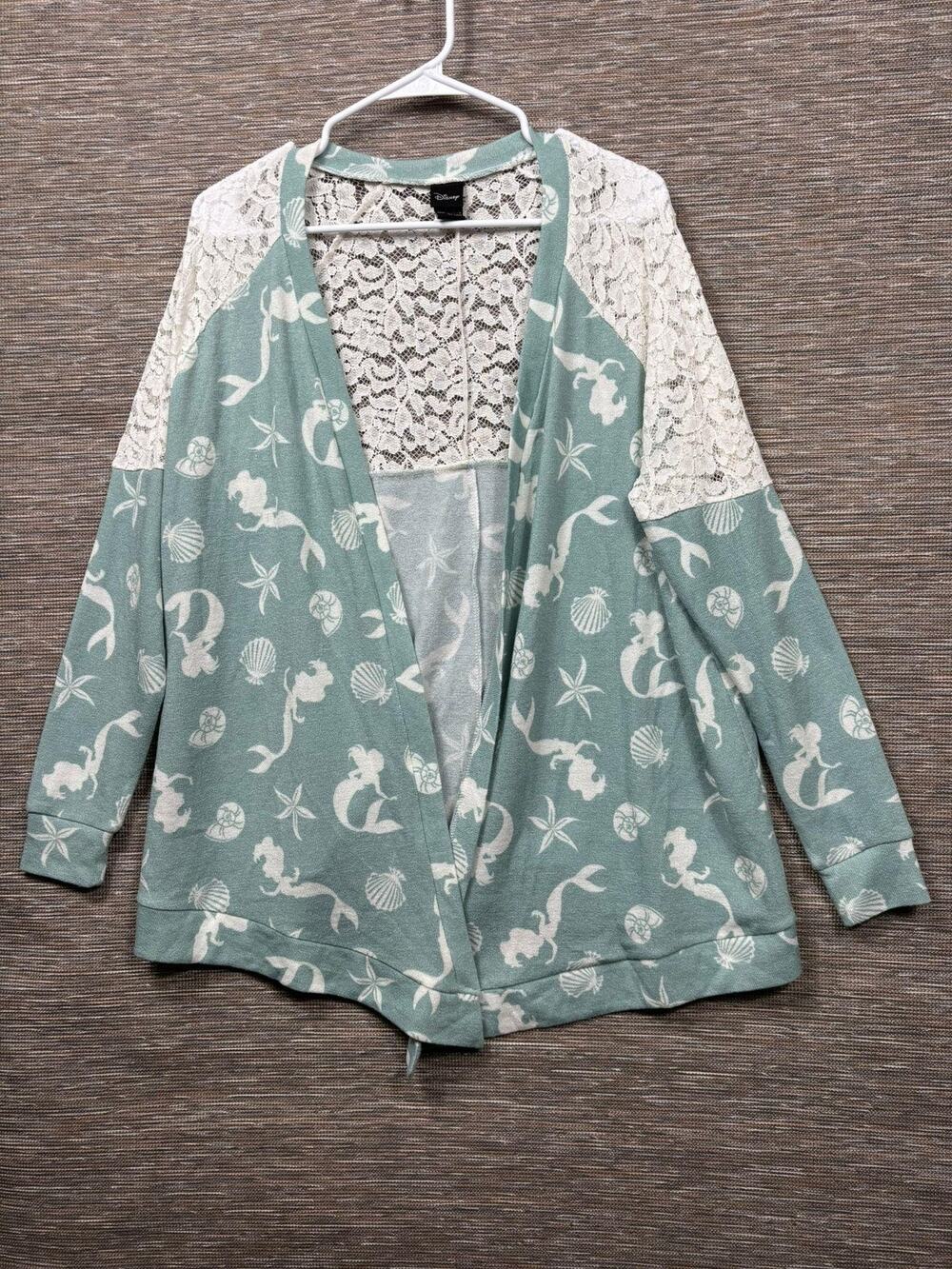 Disney Mermaid Cardigan Sweater Womens 00 Green Lace Back Open Front Beach